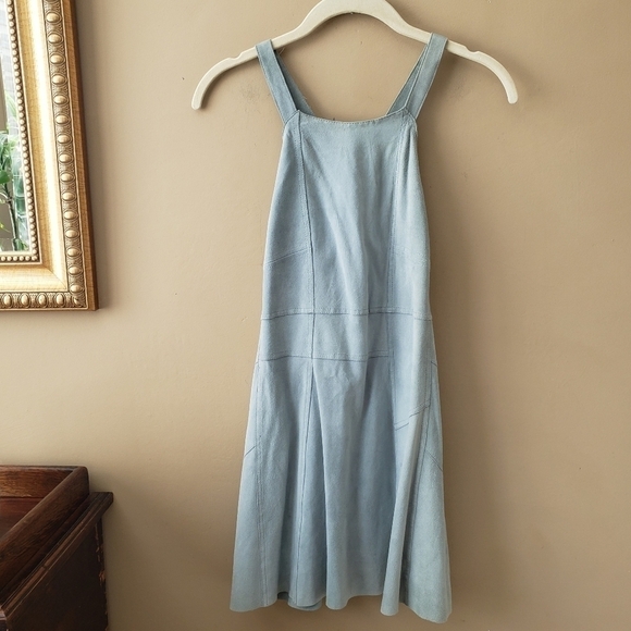 Free People Leather Goat Suede Leather Blue Pinafore Apron Mini Dress Size XS - Picture 2 of 7